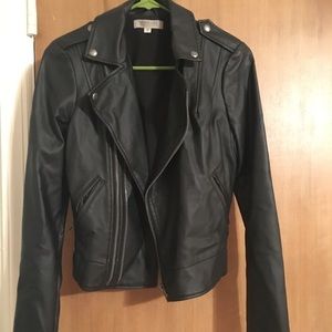 Black leather waist length military style jacket